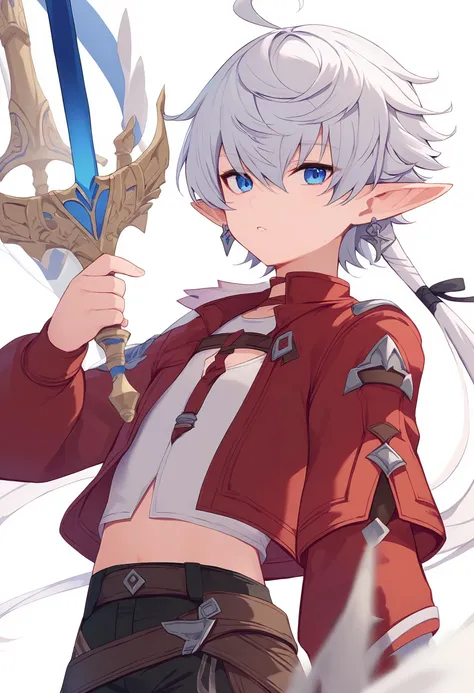 1girl,
alisaie leveilleur,
elezen, holding sword, weapon, jewelry, cropped jacket, jacket, open jacket, simple background, parted lips, red jacket, elf, ahoge, white background, hair between eyes, ribbon, arm at side, upper body, hair over one eye, holding weapon, white hair, earrings, floating hair, looking at viewer, shorts, pointy ears, solo, long sleeves, holding, short hair with long locks, shirt, open clothes, black shorts, hand up, black ribbon, sword, blue eyes,
score_9, sfw
<lora:pony_char_alisaie_leveilleur-000008:1>