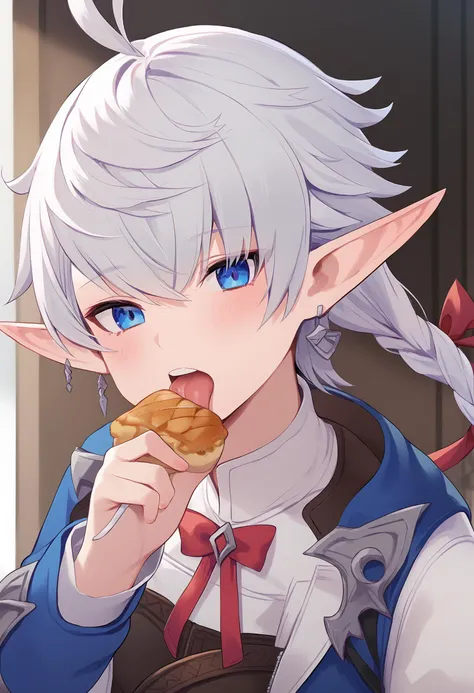 1girl,
alisaie leveilleur,
elezen, antenna hair, holding food, tongue out, tongue, food, jewelry, open mouth, single earring, bow, hair ribbon, licking finger, braid, solo, holding, pointy ears, hand up, long hair, jacket, looking at viewer, earrings, red ribbon, neck ribbon, white hair, blue eyes, long sleeves, licking, elf, red bow, upper body, blush, hair over one eye, ribbon,
score_9, sfw
<lora:pony_char_alisaie_leveilleur-000008:1>