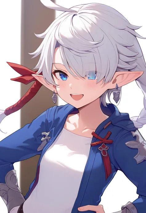 1girl,
alisaie leveilleur,
elezen, pointy ears, red bow, parted bangs, fingernails, single braid, shirt, blurry, open mouth, smile, upper teeth only, hair bow, white hair, jacket, teeth, collarbone, hair over one eye, solo, hand up, ahoge, blush, blue eyes, blue jacket, bow, looking at viewer, earrings, long hair, hand on own hip, long sleeves, white background, jewelry, braid, depth of field, simple background, white shirt,
score_9, sfw
<lora:pony_char_alisaie_leveilleur-000008:1>