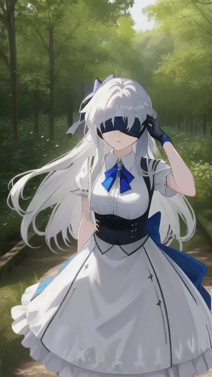STRIPS OF CLOTH, COVERING THE EYES,
COVER EYES WITH RIBBON, <lora:cover_eyes_2:0.4>,((not blindfold,))blue transparent clothes, white transparent skirt,white long hair,forest,
artbook, game_cg, realistic, photo, real,
, masterpiece, best quality,