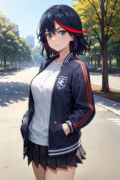 masterpiece,best quality, 1girl,solo, kill la kill, open jacket, letterman jacket, white shirt, blue pleated skirt, hands in pockets, looking at viewer, in a central park, sunshine, blue sky <lora:Matoi Ryuko:0.4>