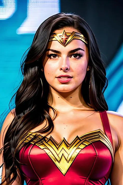 4dd1sonra3-950, RAW photo, a portrait photo of a woman (cosplaying as Wonder Woman), (San Diego Comic Con), (blurred background), (very busy background), (highly detailed skin:1.2), (highly detailed face:1.2), 8k uhd, dslr, soft lighting, high quality, film grain, Fujifilm XT3