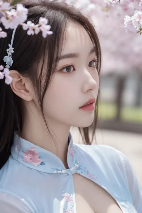 <lora:Twinkle_20240311114439:0.5>, chinese clothes, best quality, masterpiece, illustration, realistic, photo-realistic, amazing, finely detail, incredibly absurdres, huge filesize, ultra-detailed, highres, extremely detailed CG unity 8k wallpaper, nsfw, A young Korean woman with a small, oval face and delicate features. She has large, almond-shaped eyes, a small nose, and a full, pouty mouth. Her long, black hair is styled in a high bun with elaborate hair accessories. She wears a transparent silk cheongsam with floral embroidery. The cheongsam is fitted and has a deep V-neckline that reveals her ample cleavage. The background is cherry blossoms and oriental ancient buildings. The scenery is beautiful and the focus is on the character's close-up.