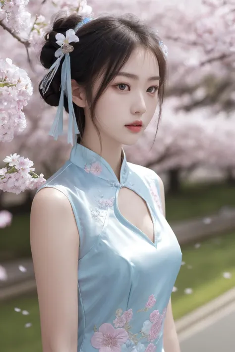 <lora:Twinkle_20240311114439:0.5>, chinese clothes, best quality, masterpiece, illustration, realistic, photo-realistic, amazing, finely detail, incredibly absurdres, huge filesize, ultra-detailed, highres, extremely detailed CG unity 8k wallpaper, nsfw, A young Korean woman with a small, oval face and delicate features. She has large, almond-shaped eyes, a small nose, and a full, pouty mouth. Her long, black hair is styled in a high bun with elaborate hair accessories. She wears a transparent silk cheongsam with floral embroidery. The cheongsam is fitted and has a deep V-neckline that reveals her ample cleavage. The background is cherry blossoms and oriental ancient buildings. The scenery is beautiful and the focus is on the character's close-up.