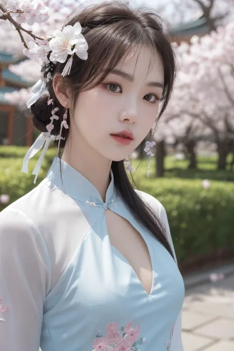 <lora:Twinkle_20240311114439:0.5>, chinese clothes, best quality, masterpiece, illustration, realistic, photo-realistic, amazing, finely detail, incredibly absurdres, huge filesize, ultra-detailed, highres, extremely detailed CG unity 8k wallpaper, nsfw, A young Korean woman with a small, oval face and delicate features. She has large, almond-shaped eyes, a small nose, and a full, pouty mouth. Her long, black hair is styled in a high bun with elaborate hair accessories. She wears a transparent silk cheongsam with floral embroidery. The cheongsam is fitted and has a deep V-neckline that reveals her ample cleavage. The background is cherry blossoms and oriental ancient buildings. The scenery is beautiful and the focus is on the character's close-up.