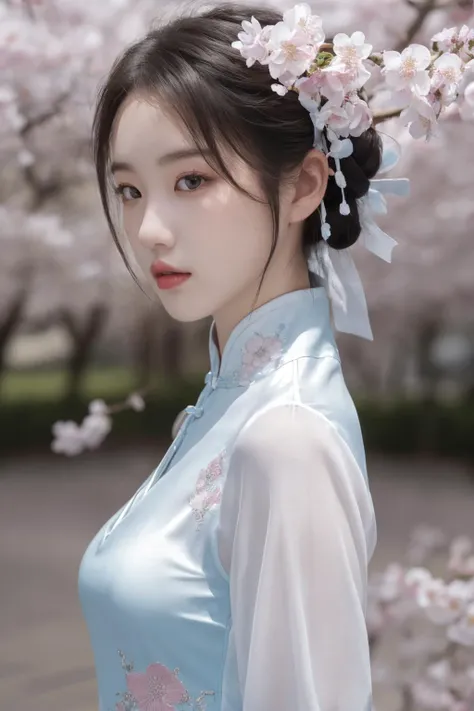 <lora:Twinkle_20240311114439:0.5>, chinese clothes, best quality, masterpiece, illustration, realistic, photo-realistic, amazing, finely detail, incredibly absurdres, huge filesize, ultra-detailed, highres, extremely detailed CG unity 8k wallpaper, nsfw, A young Korean woman with a small, oval face and delicate features. She has large, almond-shaped eyes, a small nose, and a full, pouty mouth. Her long, black hair is styled in a high bun with elaborate hair accessories. She wears a transparent silk cheongsam with floral embroidery. The cheongsam is fitted and has a deep V-neckline that reveals her ample cleavage. The background is cherry blossoms and oriental ancient buildings. The scenery is beautiful and the focus is on the character's close-up.