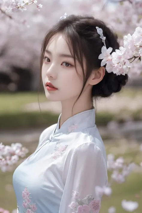 <lora:Twinkle_20240311114439:0.7>, chinese clothes, best quality, masterpiece, illustration, realistic, photo-realistic, amazing, finely detail, incredibly absurdres, huge filesize, ultra-detailed, highres, extremely detailed CG unity 8k wallpaper, nsfw, A young Korean woman with a small, oval face and delicate features. She has large, almond-shaped eyes, a small nose, and a full, pouty mouth. Her long, black hair is styled in a high bun with elaborate hair accessories. She wears a transparent silk cheongsam with floral embroidery. The cheongsam is fitted and has a deep V-neckline that reveals her ample cleavage. The background is cherry blossoms and oriental ancient buildings. The scenery is beautiful and the focus is on the character's close-up.
