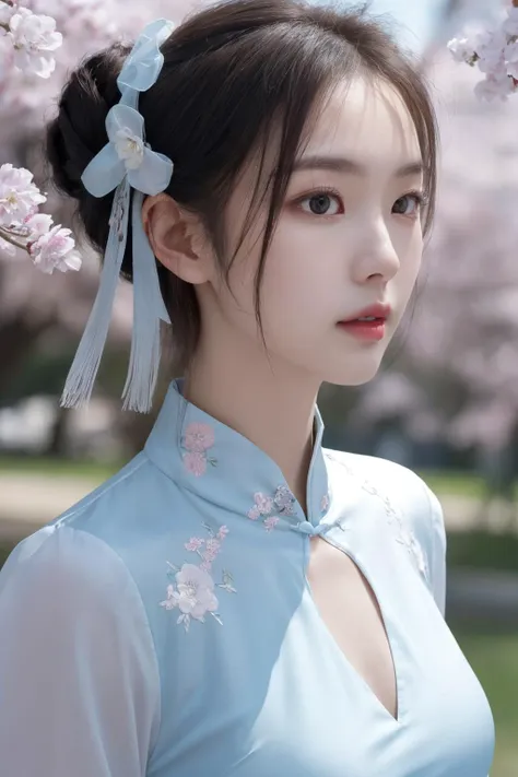 <lora:Twinkle_20240311114439:0.5>, chinese clothes, best quality, masterpiece, illustration, realistic, photo-realistic, amazing, finely detail, incredibly absurdres, huge filesize, ultra-detailed, highres, extremely detailed CG unity 8k wallpaper, nsfw, A young Korean woman with a small, oval face and delicate features. She has large, almond-shaped eyes, a small nose, and a full, pouty mouth. Her long, black hair is styled in a high bun with elaborate hair accessories. She wears a transparent silk cheongsam with floral embroidery. The cheongsam is fitted and has a deep V-neckline that reveals her ample cleavage. The background is cherry blossoms and oriental ancient buildings. The scenery is beautiful and the focus is on the character's close-up.
