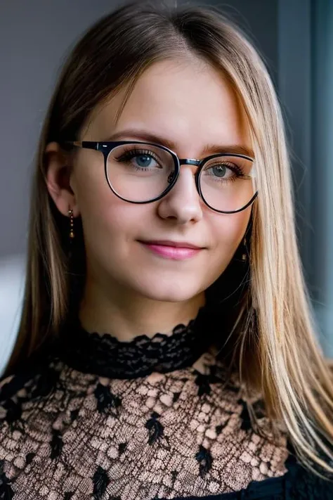 glasses, Sharp Focus, wo_dakpink01, her expression is happy with a slight smile, dark blonde hair, (close-up:0.8), low key lighting, shot on Lumix GH5, cinematic bokeh, lace choker, (simple background:1.2), teasing, detailed skin, <lora:woDakotaPink01:0.85>