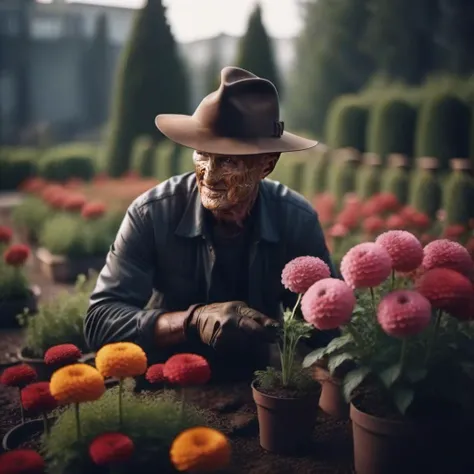 cinematic photo a man with a hat is gardening flowers <lora:FreddyKrueger1024:0.8> . 35mm photograph, film, bokeh, professional, 4k, highly detailed
