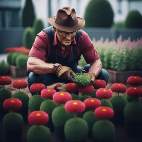 cinematic photo a man with a hat is gardening flowers <lora:FreddyKrueger1024:0.8> . 35mm photograph, film, bokeh, professional, 4k, highly detailed