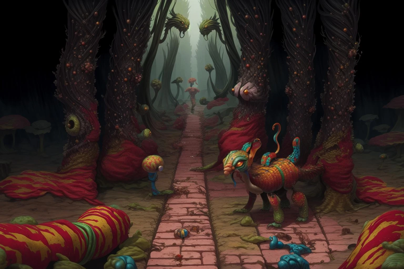 Masterpiece, best quality, hi res, 8k, hi res, 8k, award winning , (sharp focus, intricate, highly detailed), <lora:Dholbachie:1> dholbachie, a path in a twisted alien jungle, scary creatures <lora:add_detail:1>