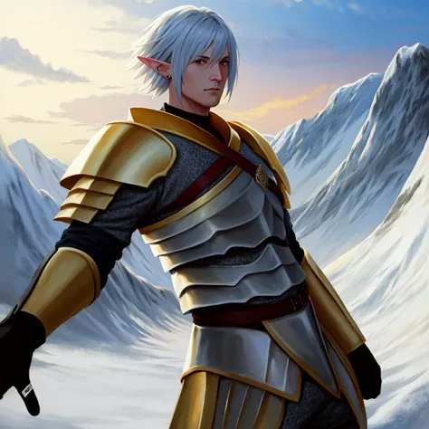 highres, masterpiece, high definition, high quality, silver hair, pointy ears, 1boy, armor