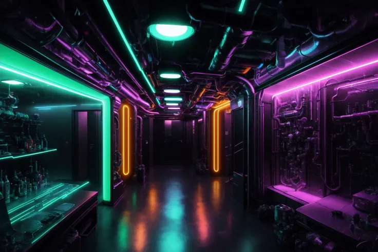 The interior space is filled with neon lights and fluorescent lamps,Interior decor often features metallic and glass materials,cool and futuristic appearance,Virtual reality technology may be incorporated within the interior space,The interior space feature digital decorations,The interior space incorporate futuristic design elements,fiber optics and pipeline decorations,Lights can showcase vibrant colors,Blade Runner,huge filesize,ultra-detailed,extremely detailed,best quality,masterpiece,8k,