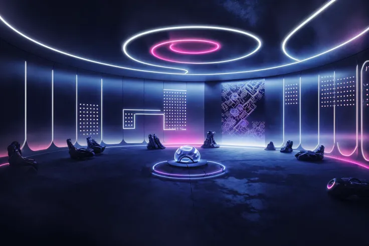 a circle room,Silver Robot,Ex Machina,cyberpunk,filled with neon lights and fluorescent lamps,Holographic projection,metallic and glass materials,cool and futuristic appearance,Virtual reality technology,feature digital decorations,futuristic design elements,fiber optics decorations,Lights can showcase vibrant colors,huge filesize,extremely detailed,best quality,masterpiece,8k,<lora:Mr_Mc_BokK_V1:0.7>,<lora:detailia_yiu_v20:0.5>,
