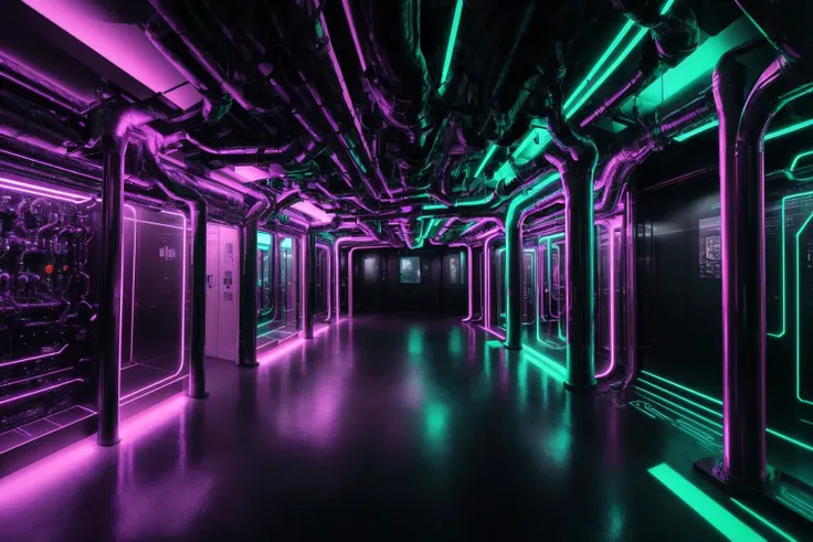 The interior space is filled with neon lights and fluorescent lamps,Interior decor often features metallic and glass materials,cool and futuristic appearance,Virtual reality technology may be incorporated within the interior space,The interior space feature digital decorations,The interior space incorporate futuristic design elements,fiber optics and pipeline decorations,Lights can showcase vibrant colors,The Matrix,huge filesize,ultra-detailed,extremely detailed,best quality,masterpiece,8k,