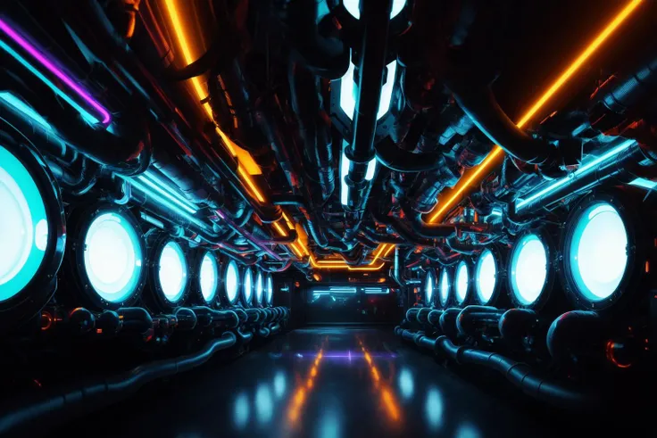 The interior space is filled with neon lights and fluorescent lamps,Interior decor often features metallic and glass materials,cool and futuristic appearance,Virtual reality technology may be incorporated within the interior space,The interior space feature digital decorations,The interior space incorporate futuristic design elements,fiber optics and pipeline decorations,Lights can showcase vibrant colors,huge filesize,ultra-detailed,extremely detailed,best quality,masterpiece,8k,