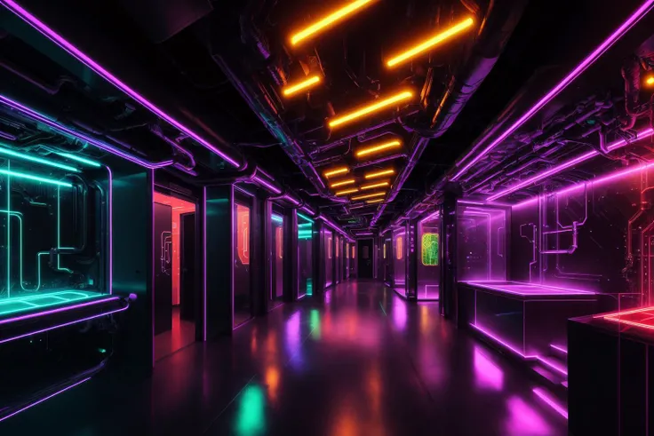 The interior space is filled with neon lights and fluorescent lamps,Interior decor often features metallic and glass materials,cool and futuristic appearance,Virtual reality technology may be incorporated within the interior space,The interior space feature digital decorations,The interior space incorporate futuristic design elements,fiber optics and pipeline decorations,Lights can showcase vibrant colors,huge filesize,ultra-detailed,extremely detailed,best quality,masterpiece,8k,