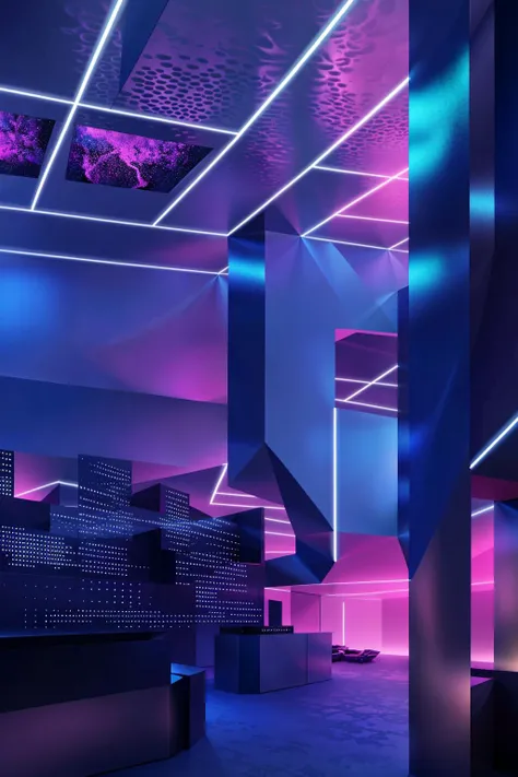 he interior space is filled with neon lights and fluorescent lamps,Interior decor often features metallic and glass materials,cool and futuristic appearance,Virtual reality technology may be incorporated within the interior space,The interior space feature digital decorations,The interior space incorporate futuristic design elements,fiber optics and pipeline decorations,Lights can showcase vibrant colors,huge filesize,ultra-detailed,extremely detailed,best quality,masterpiece,8k, <lora:Mr_Mc_BokK_V1:0.8>,Mr_Mc_BokK_V1,(Cyberpunk:1.2), (8k, RAW photo, best quality, masterpiece:1.2), (realistic, photo-realistic:1.37), octane render, ultra high res, ultra-detailed , professional lighting, photon mapping, radiosity, physically-based rendering, ue5, ((neon lights)), ((cyberpunk))