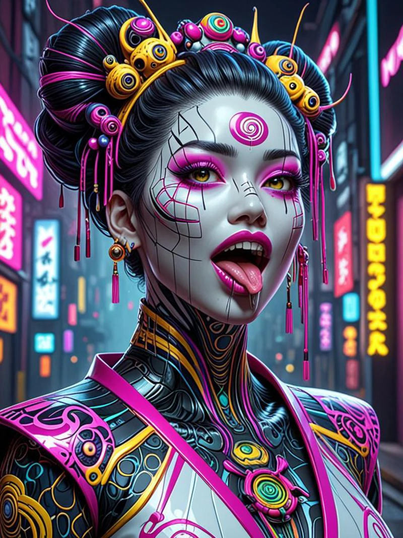 neonpunk style professional 3d model line art drawing breathtaking helios,full body geisha who sticks out his tongue ,eyes,mouth,teeth,psych,colorful .<lora:helios:0.7> . award-winning, professional, highly detailed . professional, sleek, modern, minimalist, graphic, line art, vector graphics . octane render, highly detailed, volumetric, dramatic lighting . cyberpunk, vaporwave, neon, vibes, vibrant, stunningly beautiful, crisp, detailed, sleek, ultramodern, magenta highlights, dark purple shadows, high contrast, cinematic, ultra detailed, intricate, professional