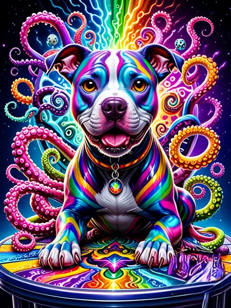 hyperrealistic art breathtaking chromatic aberration abuse,exif thumbnail surprise,a colorful bad pitbull tentacles sitting on top of a table, an airbrush painting, by Lisa Frank, psychedelic art, fractal thunder dan mumford, front closeup, beeple and jeremiah ketner, amazing splashscreen artwork,oilpainting,toon render chromatict<lora:helios:0.8> . award-winning, professional, highly detailed . extremely high-resolution details, photographic, realism pushed to extreme, fine texture, incredibly lifelike in an eccentric ensemble. Unique, quirky, stand-out, individualistic