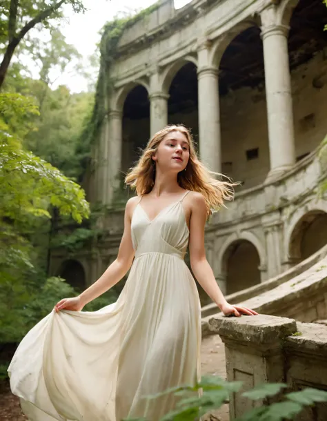 Kamryn Renae, a graceful and effortlessly elegant woman donning an off-white flowy dress, finds herself in the midst of an abandoned amphitheater surrounded by lush verdant foliage, as golden strands frame her face while she strikes a poised pose, allowing the grandeur of this historic architecture and the serene beauty of nature to be captured perfectly from a high angle camera perspective that showcases both the woman's captivating beauty and the awe-inspiring setting in perfect harmony. <lora:pnrzjr18f73573330pf1:1>