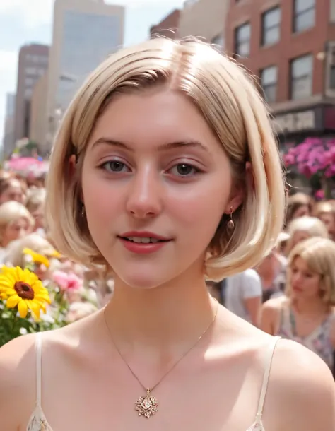 Kamryn Renae, with her short brown hair adorned by a delicate pendant necklace and a subtle mole on her cheek, flashed a slight smile as she donned blonde wig with parted lips, gazing confidently at the viewer from an artistic angle within the cityscape, surrounded by vibrant flowers and bustling crowds. <lora:pnrzjr18f73573330pf1:1>