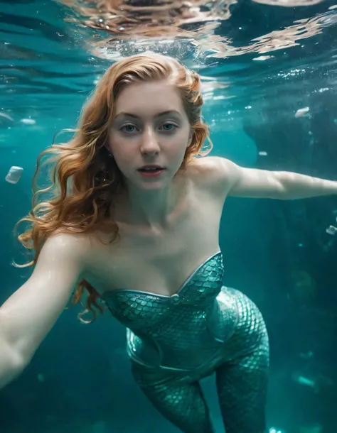 Kamryn Renae, gliding effortlessly beneath the waves in a futuristic underwater city, wears a stunningly beautiful mermaid-inspired ensemble as she strikes a graceful pose from within a submersible camera, capturing the enchanting blend of myth and modern technology. <lora:ziprjt18f734e0932zc8:1>
