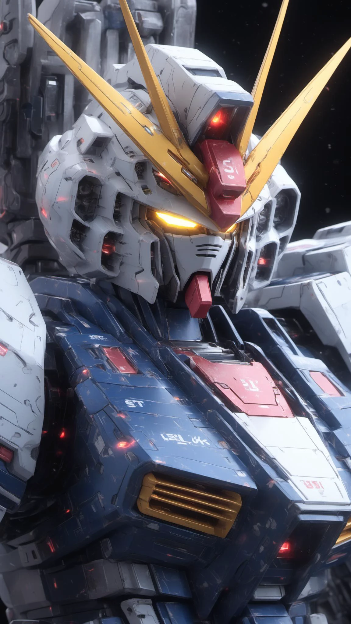 BJ_Gundam_SDXL, solo, yellow_eyes, upper_body, no_humans, glowing, robot, mecha, glowing_eyes, science_fiction, looking_ahead, v-fin, mobile_suit,
3d model,8k,intricate,highly detailed,masterpiece,sidelighting,hdr,high definition,<lora:SDXL_Gundam_v3:0.7>,