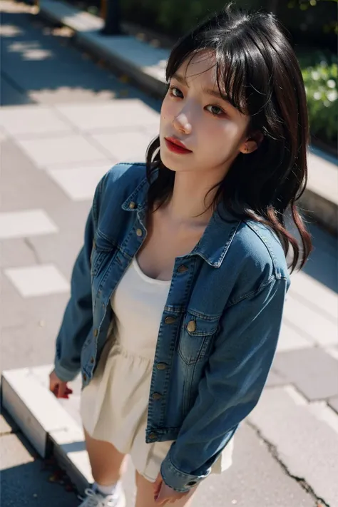 1girl, solo, skinny, pale skin, smooth skin, beauty, light makeup, medium breasts, looking at viewer, standing, 
camisole dress, denim jacket, white sneakers, 
(masterpiece:1.2), best quality, ultra high res, raw photo, perfect lighting, soft light, rim light, (realistic, photorealistic:1.4),