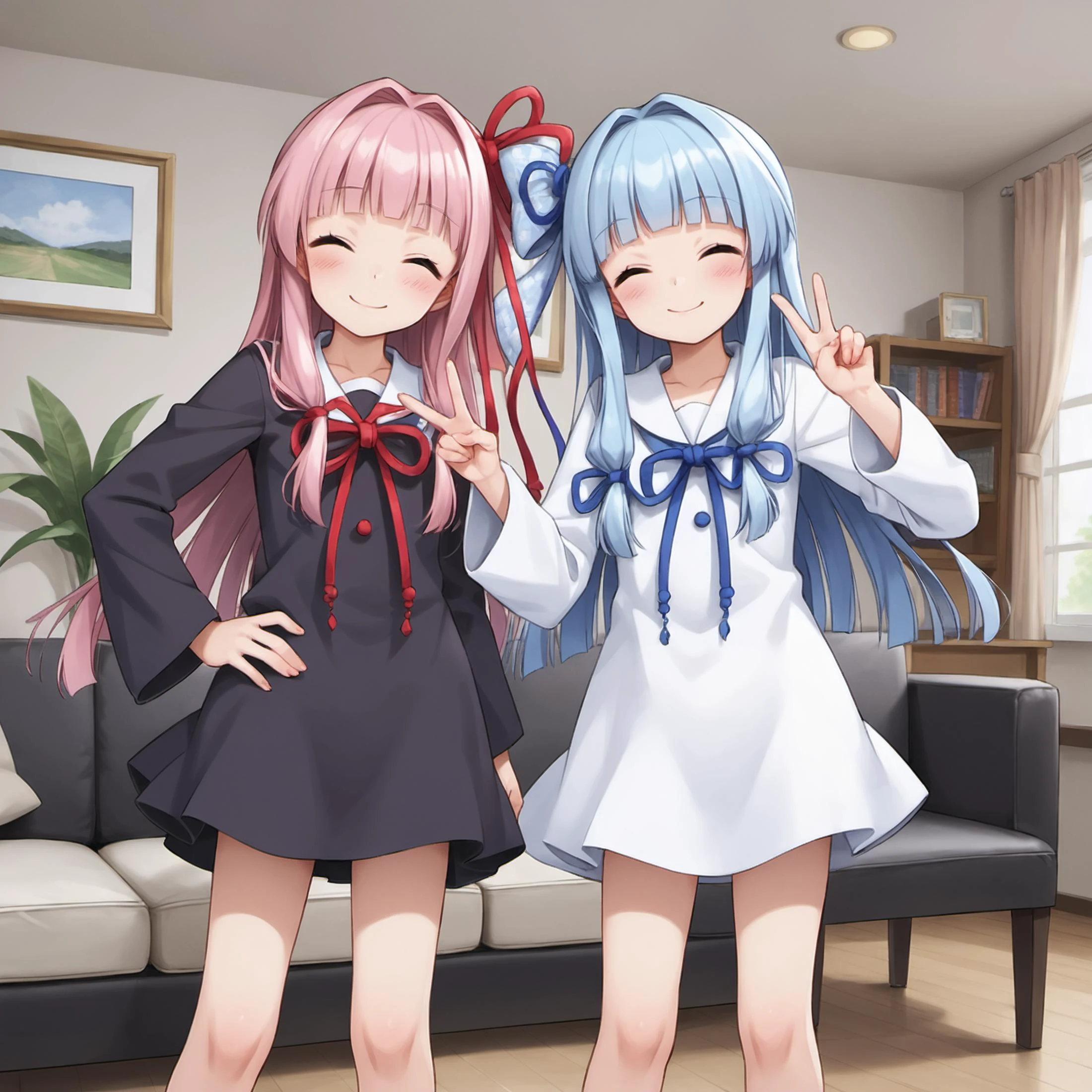 score_8_up, score_7_up, score_6_up, source_anime,<lora:pony_good_hands:0.5>,good_hands, better_hands,8k, (Max resolution, Masterpiece, perfect lines, high-res, absurdres, incredible quality,detailed_eye_model, High detailed skin, High detailed background:1.0),uncensored,(one hand is 4 finger and 1 thumb:0.5),<lora:Kotonoha_MMD_Pony_V1:0.6>,long sleeves, Living room, sofa, window, modern,detailed hand,
standing, v arms,embarrassed,white dress, cowboy shot, (closed eyes:1.2) ,2girls, kotonoha aoi, blue hair, long hair, red eyes, hair bow,hair ornament,blunt bangs,blue rope ribbon,long sidelocks,
standing,hand on hip,smile,black dress, cowboy shot, (Stand legs slightly apart:1.3),v,v,2girls, kotonoha akane, pink hair, long hair, red eyes, hair bow,hair ornament,blunt bangs,red rope ribbon,long sidelocks,