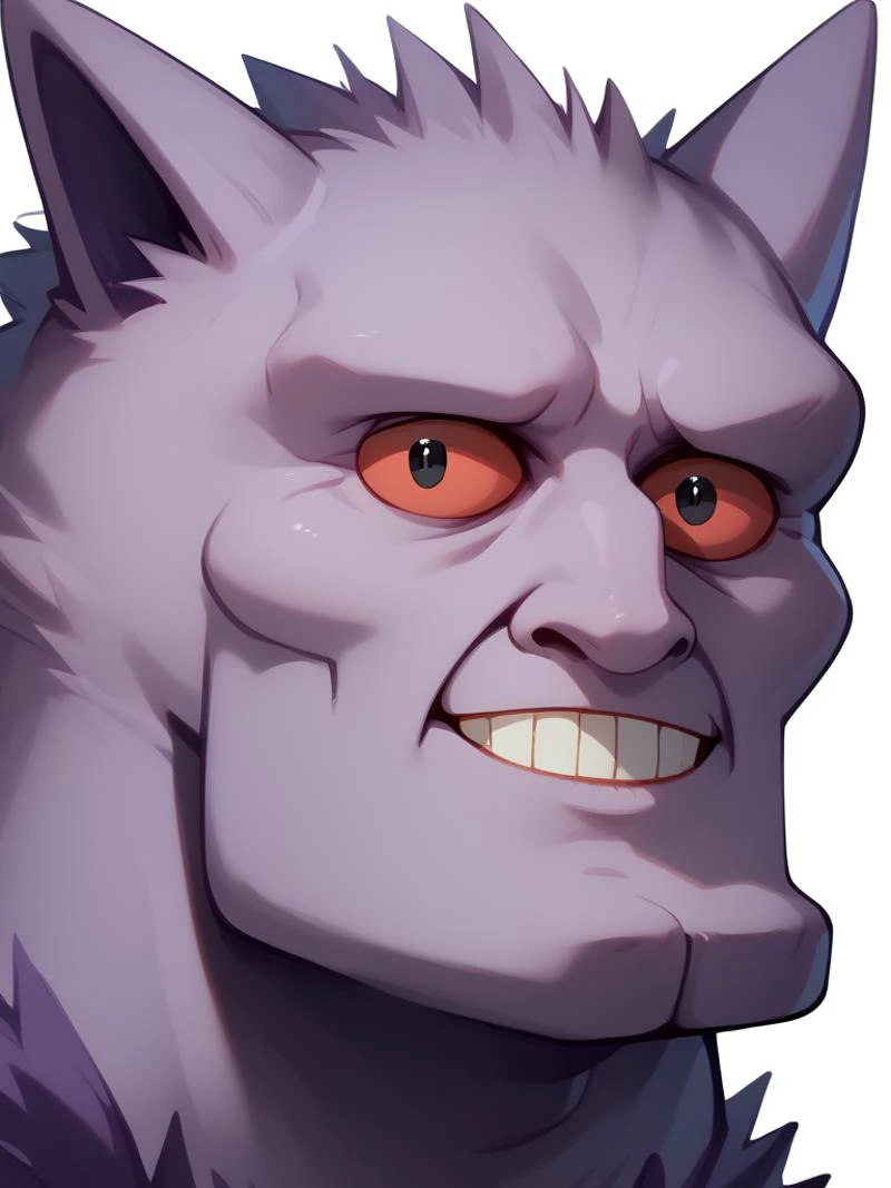 Score_9, score_8_up, score_7_up, score_6_up, score_5_up, close up portrait
handsomize, pokemon \(creature\), simple background, white background, <lora:handsomize_x_pdxl_v1:0.9>
no humans, gengar, gen 1 pokemon, solo, red sclera, ghost, black eyes, grin, tounge, purple skin, purple fur, colored skin,<lora:Gengar_P1:1>