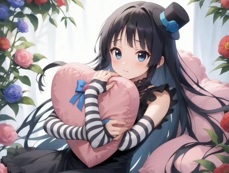 highres,head focus, ,sitting, flowers,,heart, pink pillow,embarrassed,,fetal position, 
  <lora:akiyama_mio_pony:0.8>akiyama_mio, 1girl, elbow_gloves,black_dress,mini_top_hat,official_alternate_costume,,black_hat,single_glove,striped_gloves,,, score_9, score_8_up,score_7_up,score_6_up,