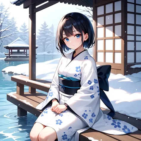 score_9, score_8_up, score_7_up, 1girl, solo, looking at viewer, short hair, bangs, blue eyes, black hair, long sleeves, sitting, closed mouth, outdoors, japanese clothes, wide sleeves, kimono, water, sash, obi, floral print, snow, snowing, white kimono, print kimono