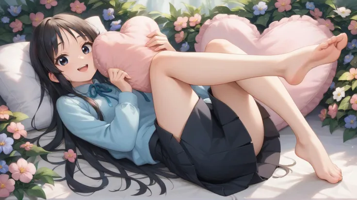 laying, flowers,,heart,foot up, holding pink pillow,SMILE,open mouth,black skirt,
<lora:akiyama_mio_pony:0.8> akiyama_mio, 1girl,, score_9, score_8_up,score_7_up,score_6_up,