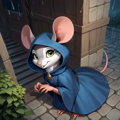 score_9, score_8_up, score_8, (solo), (solo:2), (fluffy:0.8), (feral), outdoors, furry, (((mouse))), female, bright green eyes, grey fur, grey ears, claws, (fluffy cheeks:0.4), long hooded cape, hood up, (blue dress), cute, in the style of beatrix potter, cel-shading, fca style, village, night, rain, (dark:1.5), backlit, (high angle view:1.3)