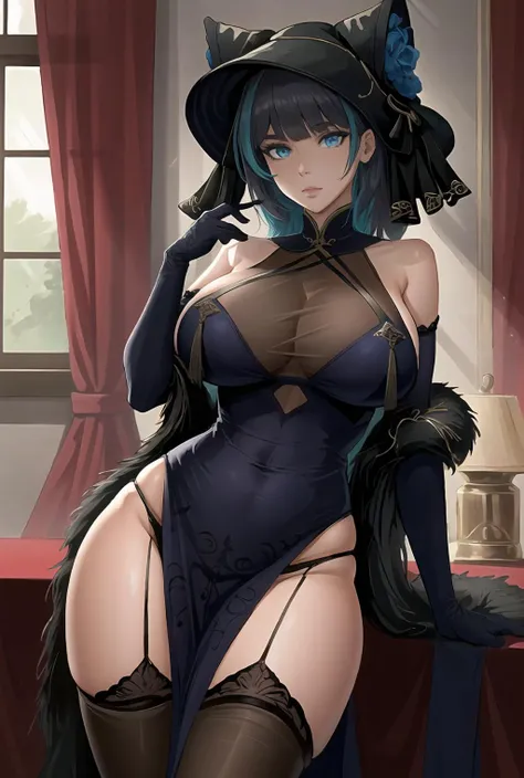 masterpiece, best quality, ultra hd, extremely detailed <lora:4sh(azurlane cheshire):0.8>
detailed face, detailed eyes, clear eyes, huge breasts, aqua eyes, wide hips
4shcr, 4shcrdress, hat, elbow gloves,  feather boa, thighhighs, string panties, pelvic curtain