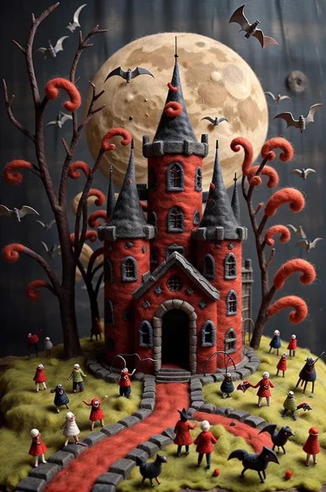 Felted Red and black themes, vampires, old castles, bats,,
 <lora:kFeltedReV:0.9>