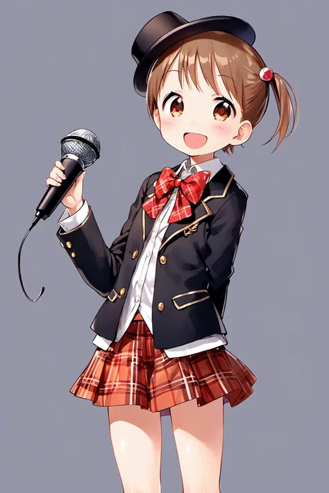 Chika Itou,1girl,solo,skirt,hat,brown hair,microphone,hair ornament,plaid,brown eyes,bow,smile,open mouth,jacket,hair bobbles,bowtie,looking at viewer,short hair,simple background,plaid skirt,top hat,school uniform,pleated skirt,holding,long sleeves,white background,:d,mini hat,blush,blazer,child,shirt,side ponytail,cowboy shot,black headwear,white shirt,one side up,black jacket,holding microphone,red skirt,<lora:Ichigo Mashimaro_XL:0.8>,