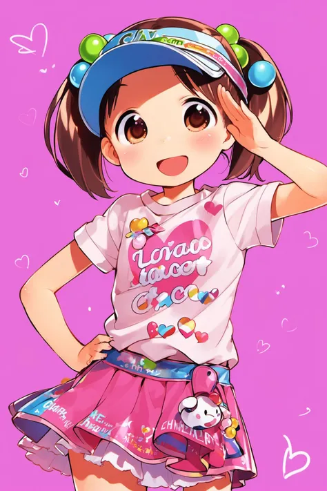 Miu Matsuoka, 1girl, solo, visor cap, hair bobbles, hair ornament, twintails, open mouth, brown eyes, smile, hand on hip, clothes writing, skirt, english text, brown hair, heart, child, :d, looking at viewer, salute, pink background, short hair, shirt, female child,<lora:Ichigo Mashimaro_XL:0.8>,