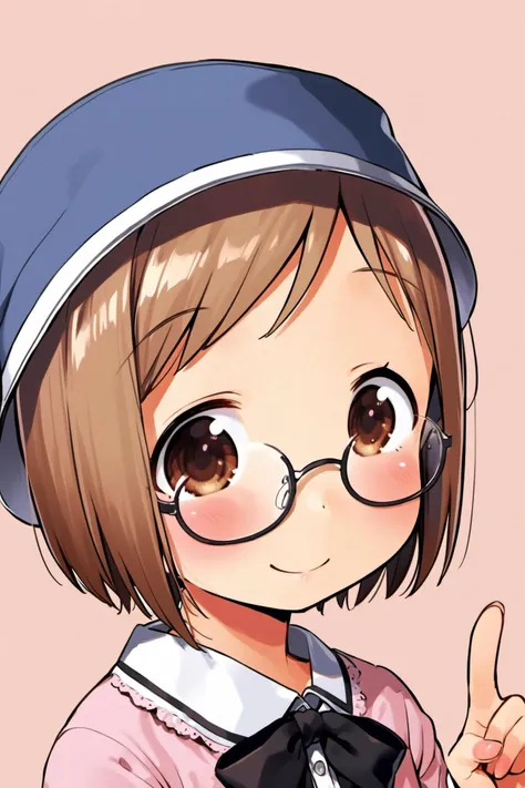 Matsuri Sakuragi,1girl,glasses,hat,solo,brown hair,brown eyes,short hair,smile,ribbon,blush,<lora:Ichigo Mashimaro_XL:0.8>,