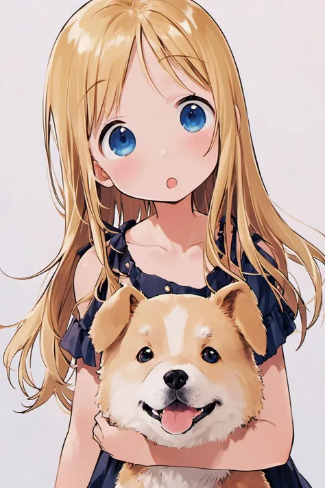 Ana Coppola,1girl,blonde dog,blue eyes,blonde hair,long hair,white background,solo,looking at viewer,simple background,:o,animal,collarbone,open mouth,<lora:Ichigo Mashimaro_XL:0.8>,