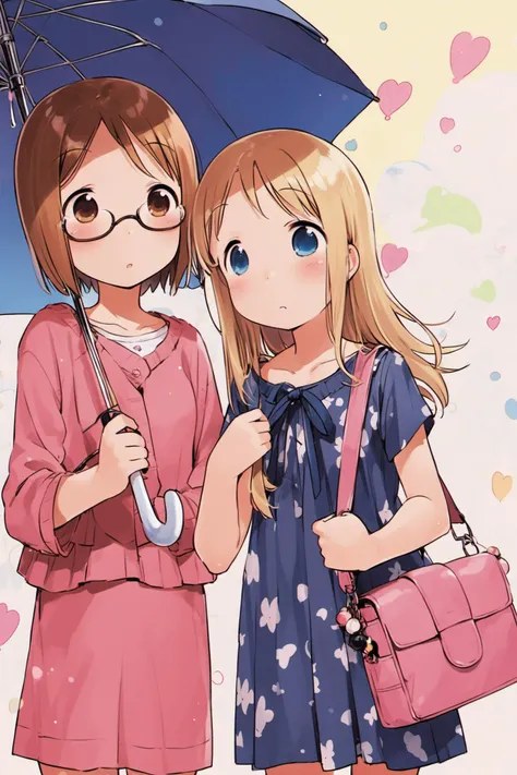 Matsuri Sakuragi,Ana Coppola,multiple girls,2girls,umbrella,glasses,blonde hair,blue eyes,bag,long hair,shared umbrella,siblings,sisters,short hair,brown hair,brown eyes,blush,<lora:Ichigo Mashimaro_XL:0.8>,