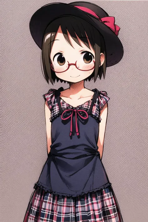 Ichigo Mashimaro,1girl, solo, glasses,  hat, short hair, smile, sketch, arms behind back, blush, traditional media, dress,  <lora:Ichigo Mashimaro:0.8>