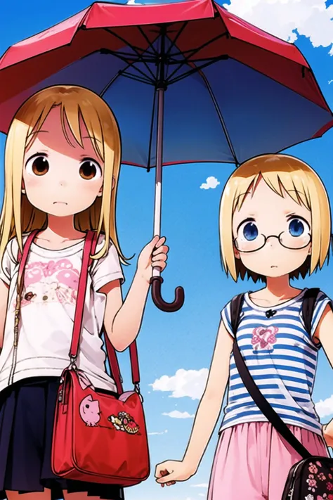 Ichigo Mashimaro, 2girls, umbrella, glasses, blonde hair, blue eyes, cat, bag, multicolored hair, long hair, shared umbrella, siblings, sisters, short hair, animal, brown eyes, <lora:Ichigo Mashimaro:0.8>