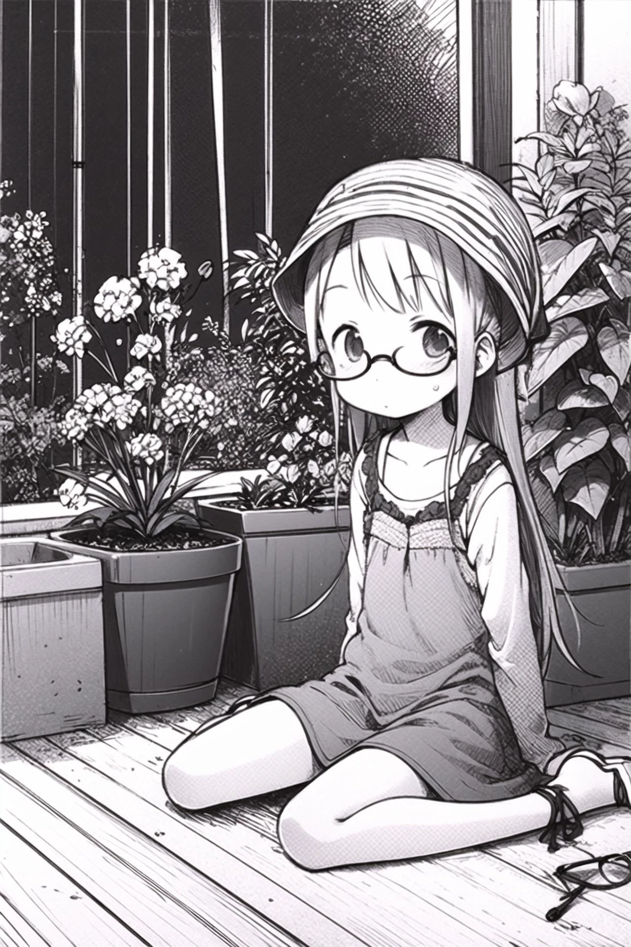 Ichigo Mashimaro,1girl, monochrome, solo, bird, glasses, greyscale, flower, hat, plant, flower pot, potted plant, sketch, sitting, long hair, wariza, <lora:Ichigo Mashimaro:0.8>