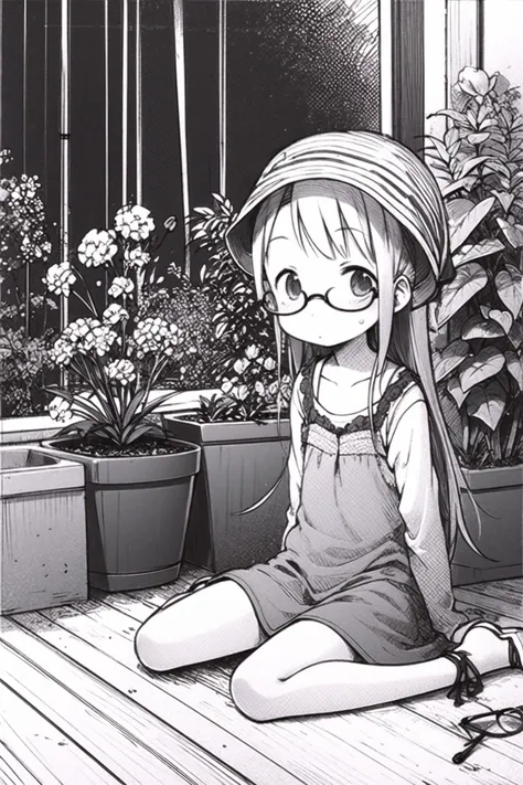 Ichigo Mashimaro,1girl, monochrome, solo, bird, glasses, greyscale, flower, hat, plant, flower pot, potted plant, sketch, sitting, long hair, wariza,  <lora:Ichigo Mashimaro:0.8>