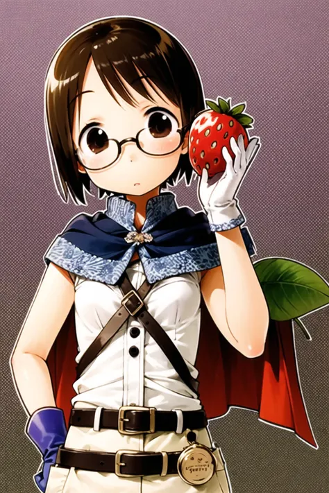 Ichigo Mashimaro,1girl, solo, fruit, strawberry, glasses, cape, food, gloves, brown hair, belt, short hair, <lora:Ichigo Mashimaro:0.8>