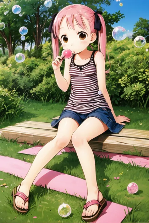 Ichigo Mashimaro,1girl, solo, bubble blowing, twintails, sandals, pink hair, bubble, shorts, sitting, striped, blue shorts, ribbon, wariza, grass, brown eyes, hair ribbon, <lora:Ichigo Mashimaro:0.8>