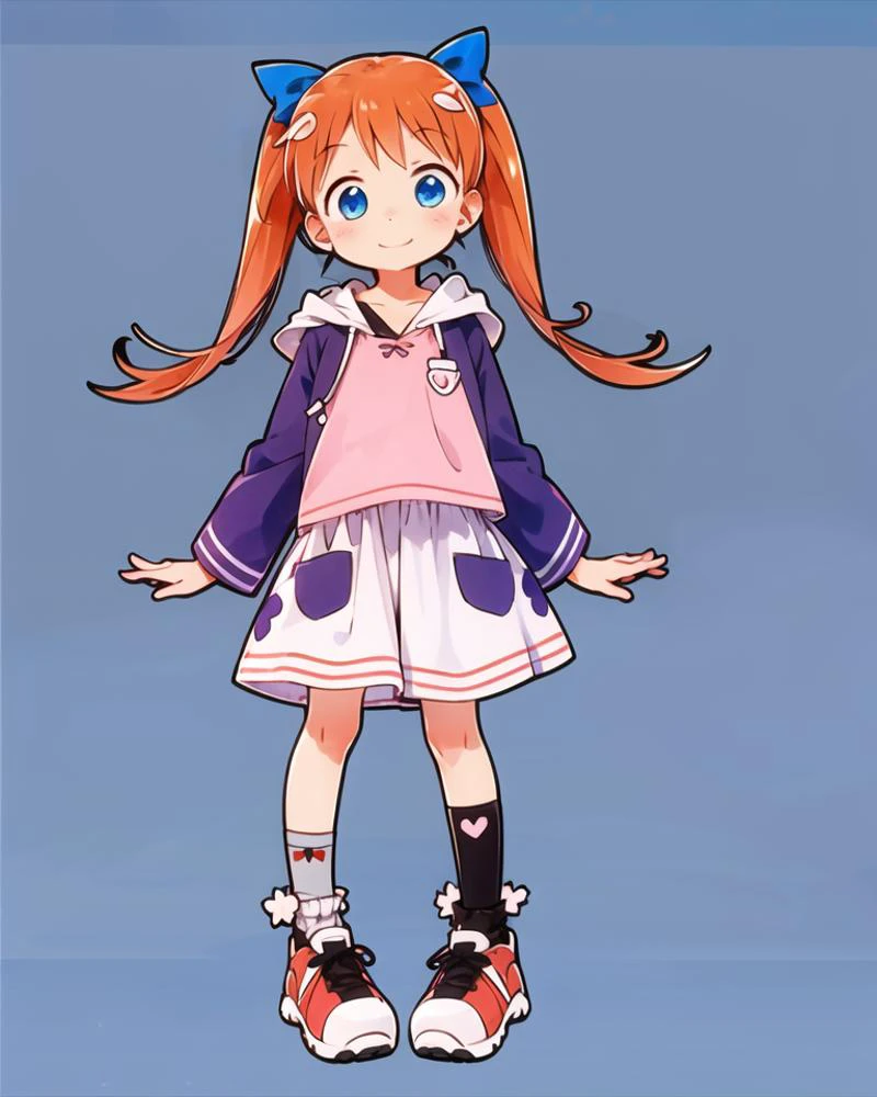 1girl, solo, long hair, looking at viewer, blush, child, smile, socks,
<lora:Ichigo Mashimaro:0.6>,
<lora:popuri_v9_locon-000003:0.4>, <lora:popurin_moe:0.3>, (blue eyes, hair bow, orange hair, twintails), pink shirt, white skirt, pocket, shoes, asymmetrical legwear, mismatched legwear, black socks, grey thighhigh, ribbon, hood,